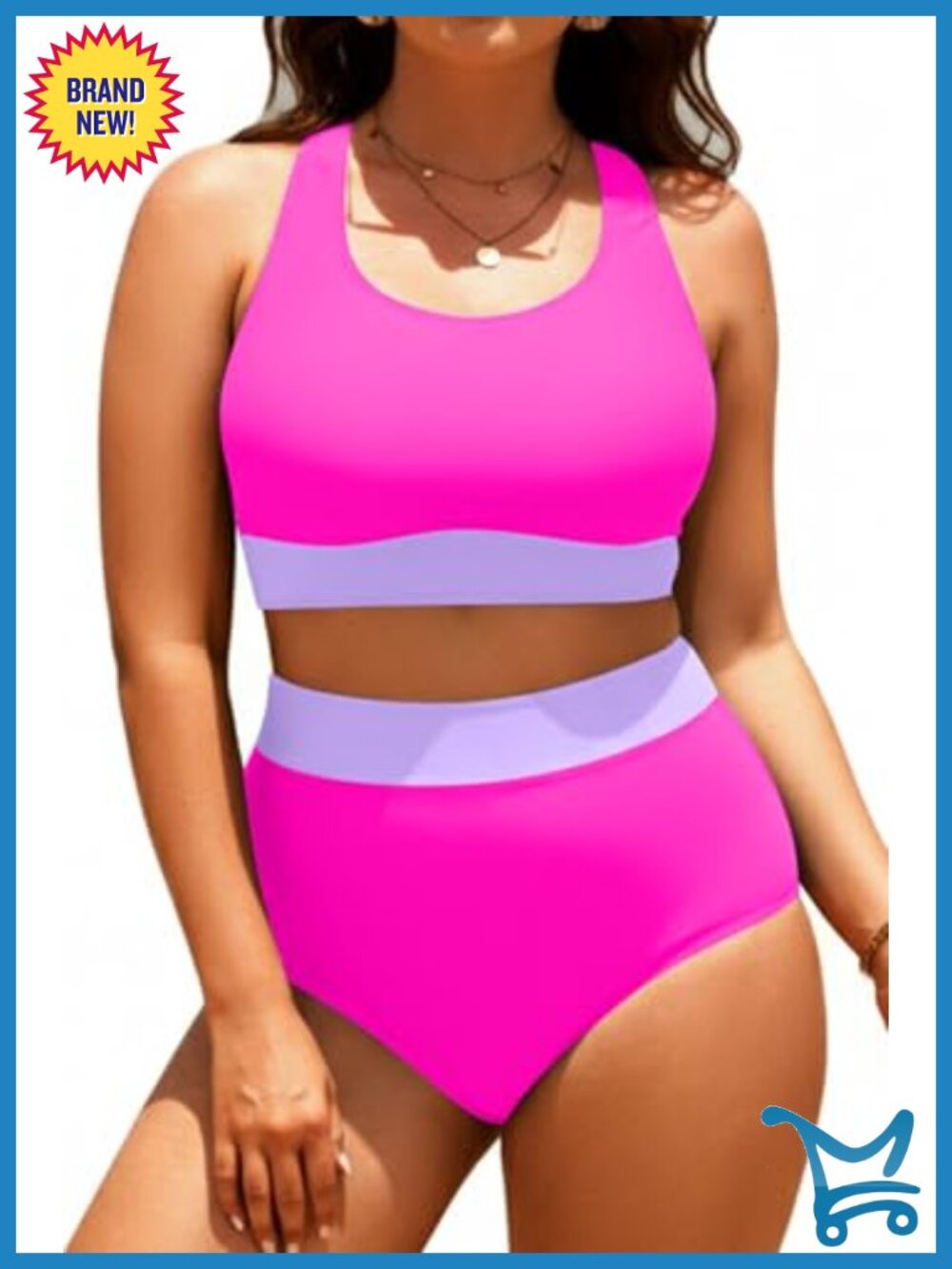 Plus Size Colorblock Two Piece High Waisted Bikini Set Scoop Neck Swimsuit